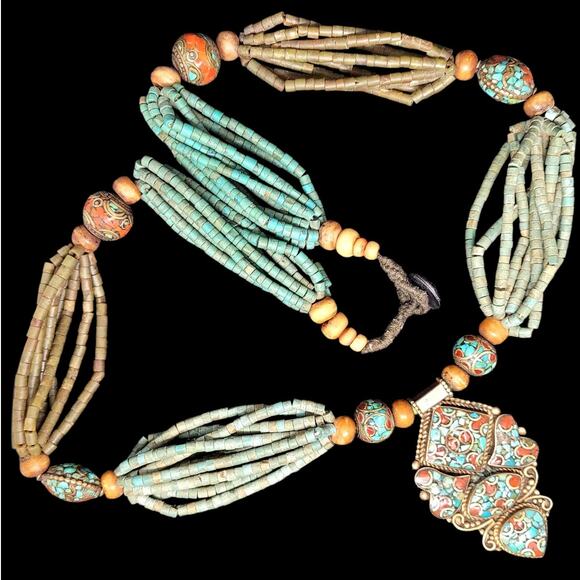 Traditional Moroccan Berber Beaded Necklace with Turquoise and‎ Coral Accents - Picture 1 of 10